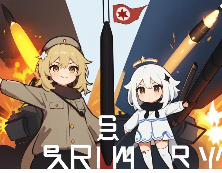 2 girls, upper body, (propaganda), tank, explosion, (missile:1.2), north korea, (flag:1.1), (text:1), <lora:DPRKPropaganda:0.2> ADDCOMM
(masterpiece1.1), (high resolusion:1), ADDBASE
<lora:lumine1:0.92> luminedef, luminernd, yellow hair, short hair, yellow eyes, smile, arms up, text, ADDCOL
<lora:paimon:0.44> thighhighs, paimon (genshin impact), (chibi:1), long sleeves, white dress, dress, halo, thighhighs under boots, single thighhigh, bangs, boots, hair between eyes, white footwear, white thighhighs, white hair, text,