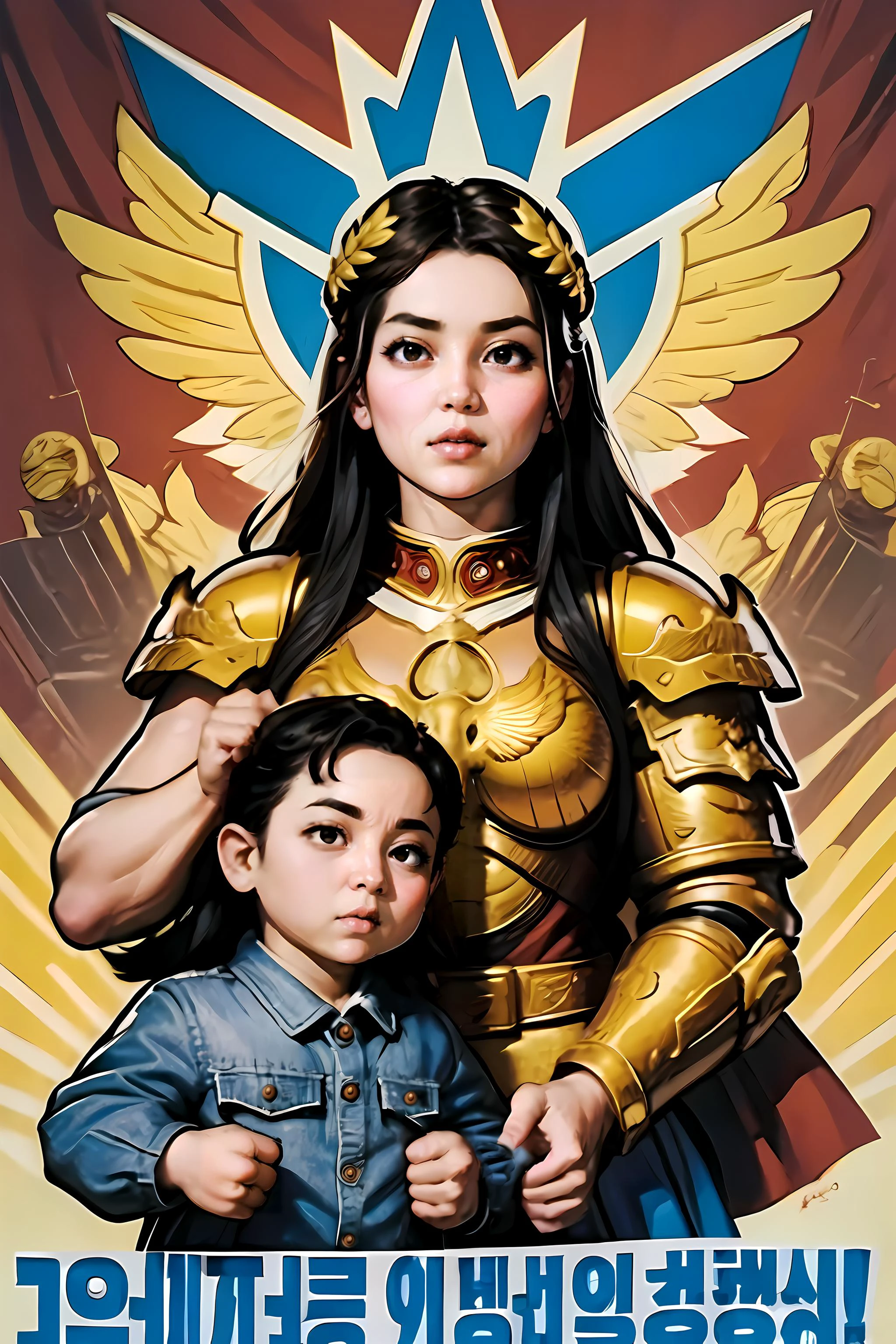 (AS-YoungerV2:1.3), vibrant painterly dprk propaganda of the god empress <lora:Female_God_Emperor2:0.6> , <lora:DPRKPropaganda:0.9>, tanks, dprk flag, juche tower, in pyongyang, long hair, black hair, brown eyes, glowing eyes, laurel crown, gold armor, breastplate, gorget, pauldrons, god halo, parted bangs, remarkably detailed pupils