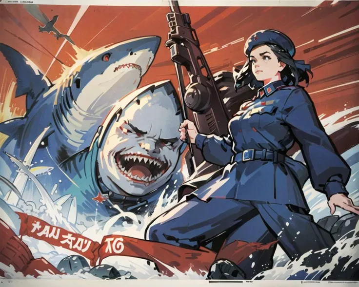 (retro artstyle), 1980s \(style\), military uniform, 
<lora:Soviet_propaganda-11:0.6>, (Soviet propaganda), 
<lora:DPRKPropaganda:0.6>, (parody), (female focus), 
 <lora:sharkBattle:0.6>, (titleConcept, oversized shark behind girl, evil shark behind girl),