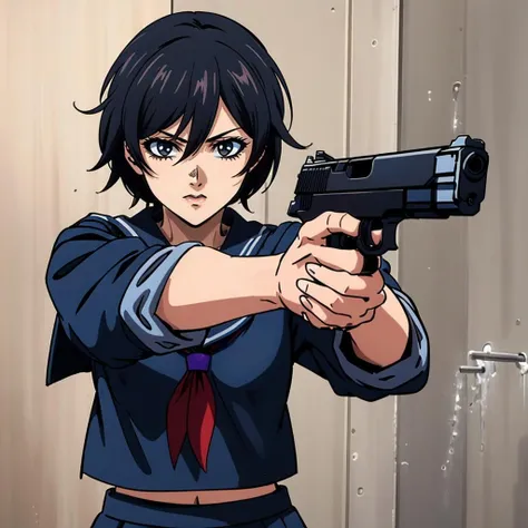 masterpiece,high quality,solo,
<lora:holdingweapon001:0.6>,
1girl,serafuku,
holding handgun,aiming,