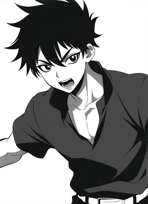 boichi style, sketch, manga, drawing, kurosaki ichigo, 1boy, collarbone, looking at viewer, male focus, open mouth, monochrome, lineart, solo, spiked hair, spot color, teeth, upper body, upper teeth only, outdoors, belt, ((masterpiece)) <lora:boichi_anime_style_offset:1>