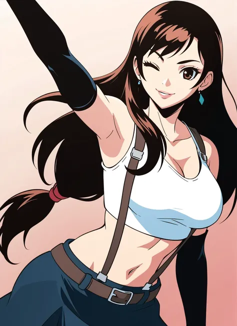 yuuki nobuteru, tifa lockhart, 1girl, arm up, armpits, artist name, belt, black hair, breasts, brown eyes, cleavage, closed mouth, collarbone, cowboy shot, crop top, earrings, elbow gloves, elbow pads, gloves, gradient background, jewelry, large breasts, lips, long hair, low-tied long hair, midriff, navel, one eye closed, signature, simple background, skirt, smile, solo, stomach, suspenders, sweat, tank top, upper body, ((masterpiece)) <lora:yuuki_nobuteru_offset:1> <lora:tifa_lockhart:0.4>