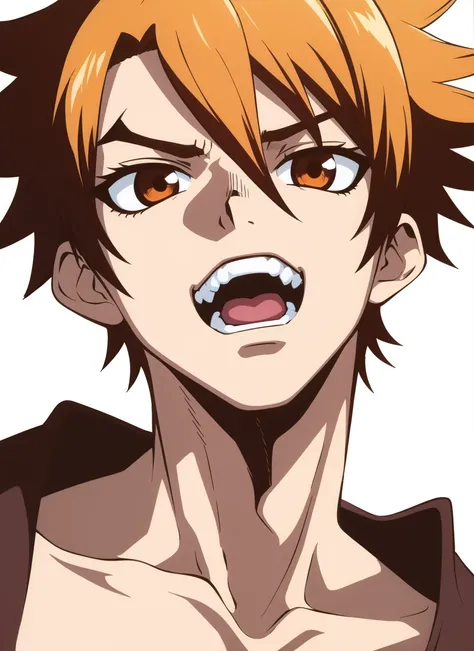 boichi anime style, kurosaki ichigo, 1boy, collarbone, looking at viewer, male focus,, open mouth, orange eyes, orange hair, solo, spiked hair, spot color, teeth, upper body, upper teeth only, ((masterpiece)) <lora:boichi_anime_style_offset:1>