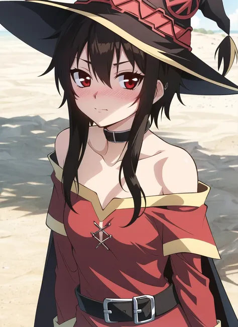 boichi anime style, megumin, 1girl, bare shoulders, black cape, black gloves, black hair, blush, cape, choker, collarbone, dress, hair between eyes, hat, long sleeves, looking at viewer, medium hair, off-shoulder dress, off shoulder, red dress, red eyes, sidelocks, solo, witch hat, ((masterpiece)) <lora:boichi_anime_style_offset:1>