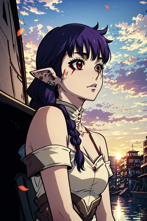 best quality, intricate details,
1girl, <lora:chara_SoloLeveling_EsilRadiru_v1:0.8> esil radiru, purple hair, very long hair, red eyes, floating hair, straight hair, pointy ears, earrings, facial mark, single braid, bare shoulders
<lora:drStoneBoichiAnime_offset:0.8> boichi anime style,