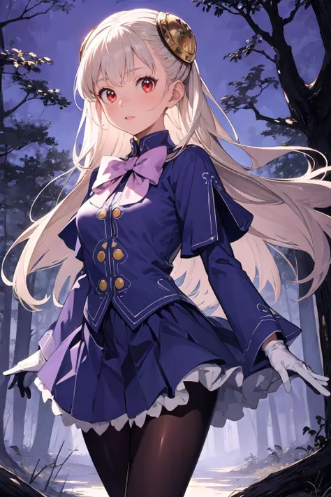masterpiece, best quality, medium full shot, 1girl, solo, ingridms, hairpods, gloves, skirt, pantyhose, bow, dress, magical forest, purple background, purple forest
<lora:streetFighterIngrid:0.9>