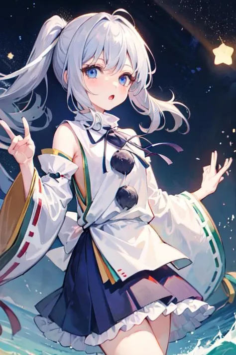<lora:mononobe_no_futo-02:0.8> mononobe no futo, 1girl, long sleeves, ribbon-trimmed sleeves, gray hair, blue eyes, :o,
blue skirt, stars, waves, milky way