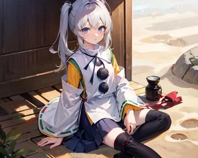 <lora:mononobe_no_futo-02:1.0> mononobe no futo, 1girl, long sleeves, ribbon-trimmed sleeves, gray hair, blue eyes, blue skirt,
black boots, sand, desert, sitting