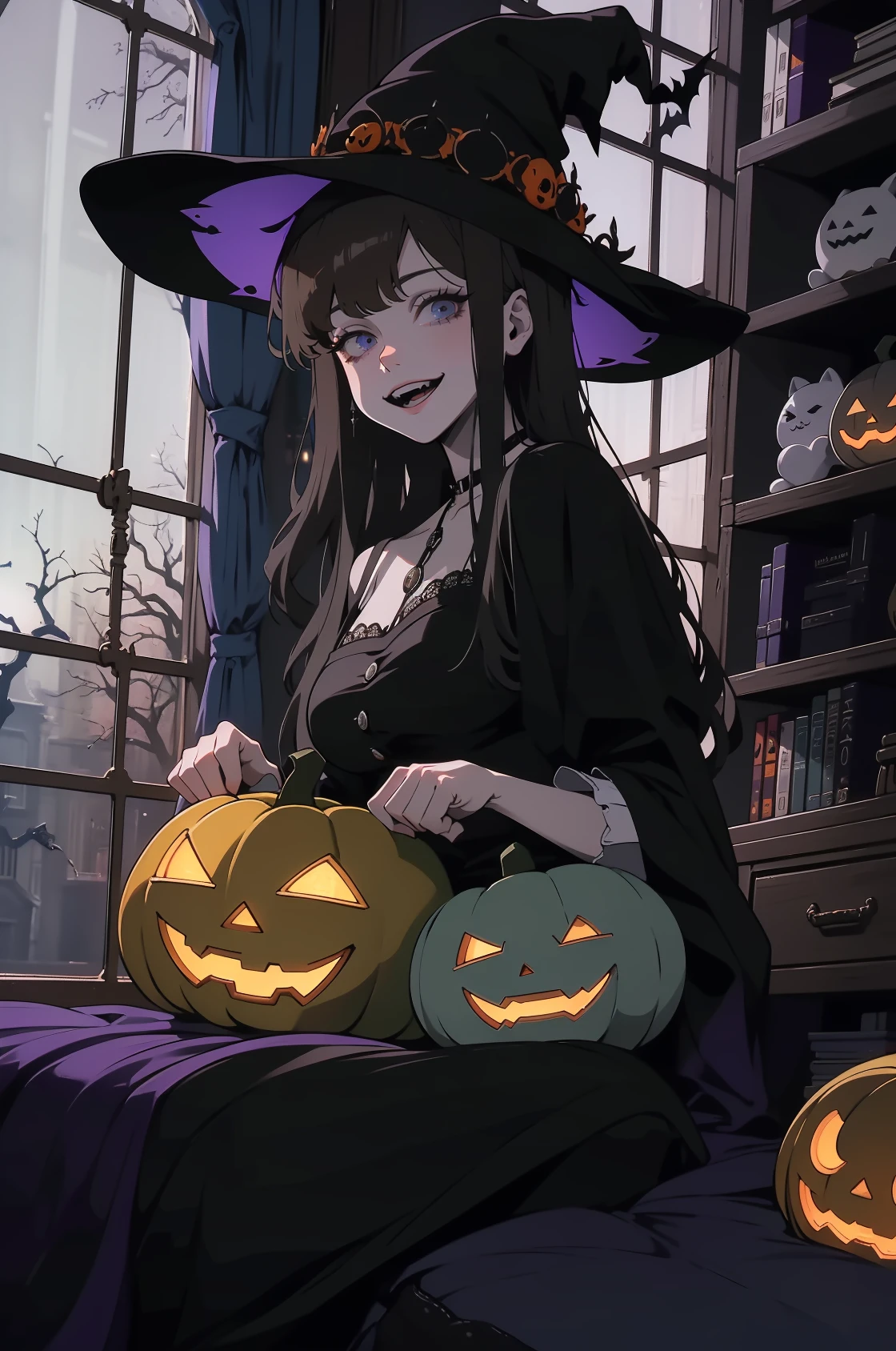 (highres,absurdres,incredibly absurdres,huge filesize,Volumetric Lighting,moody lighting,Halloween, bedroom, sitting, looking at viewer, Halloween decoration, Pumpkins, ghost plushies, spider plushies, zombie plushies),
1girl, brown hair, blue eyes, witch costume, smiling, witch hat,