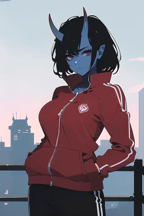 (masterpiece:1.2), (best quality:1.2), (absurdres), (intricate details), (8k), 1girl, demon girl, colored skin, black hair, blue skin, red eyes, tomboy, sportswear, jacket, pants, big breasts, cowboy shot, looking at viewer, blue eyes, oni, oni horns, hands in pockets, bored, emotionless, outdoors,