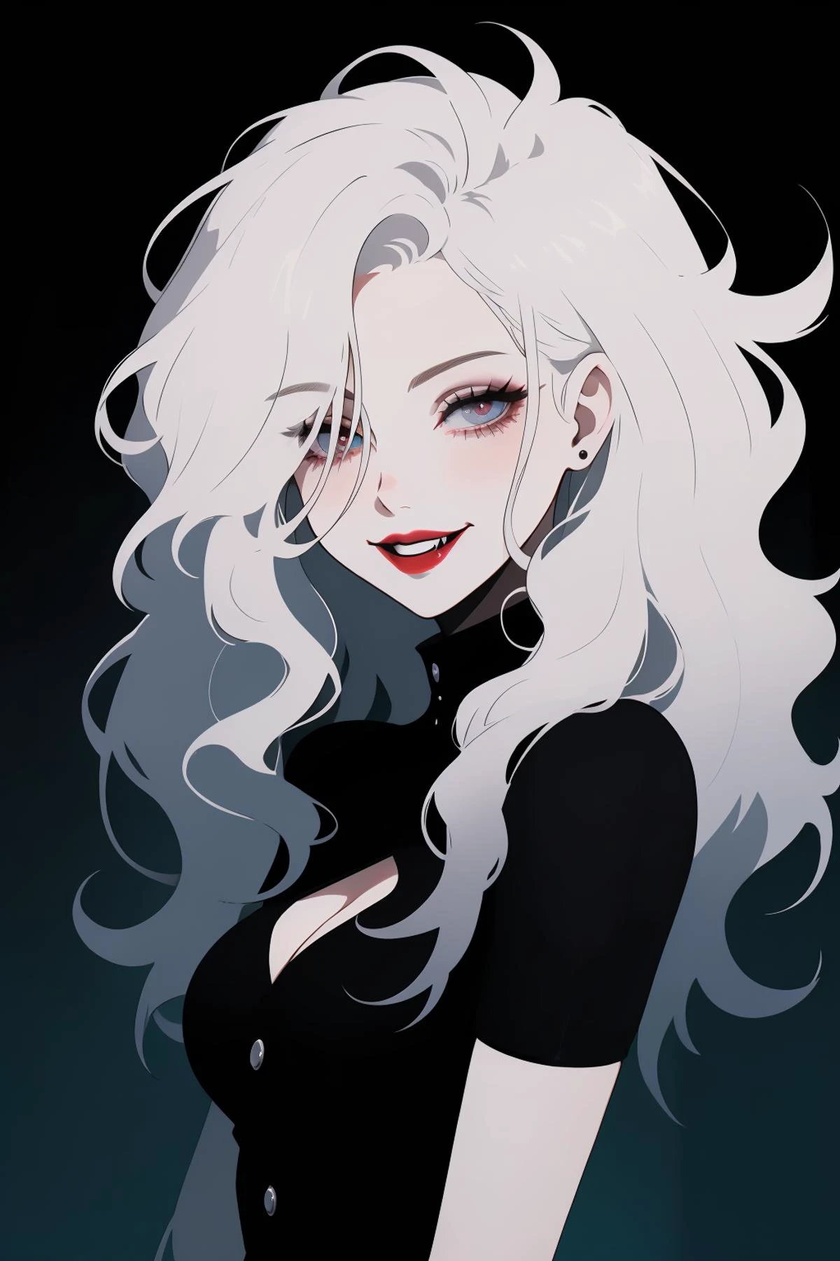 1girl, white hair, long hair, spike hair, messy hair, smile, fangs, vampire, pale skin, lipstick, lips, red lips, medium breasts, eyeliner, goth, standing, portrait, gradient