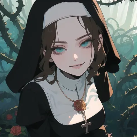 (masterpiece, best quality, high quality, highres:1.4), detailed, extremely detailed, ambient soft lighting, 4K, 1girl, mature female, (nun, nun habit, glossy lips:1.2), (smirk:1.2), (light aqua green eyes, tsurime, eyelashes, brown hair, medium hair, uneven hair, parted hair, wavy hair, single braid:1.2), (medium breasts:1.2), face portrait, (gold necklace, looking at viewer, from front, from above, condescending:1.2), (light shafts, god rays, illumination, glow, light particles, ethereal, wind:1.2), (roses, thorns, vines pattern:1.2)