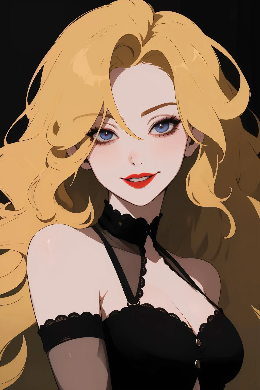 1girl, blond hair, long hair, spike hair, messy hair, smile, closed mouth, lipstick, lips, red lips, medium breasts, gloden crown, eyeliner, goth, standing, portrait, summer