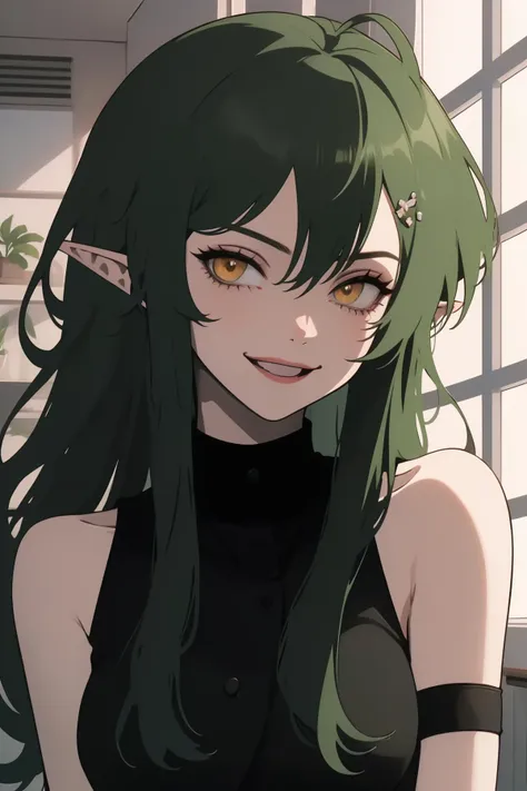 gavial, 1girl, green hair, pointy ears, yellow eyes, smile, ((closed mouth)), medium breasts, solo, portrait, classroom, <lora:Gavial-04:1>