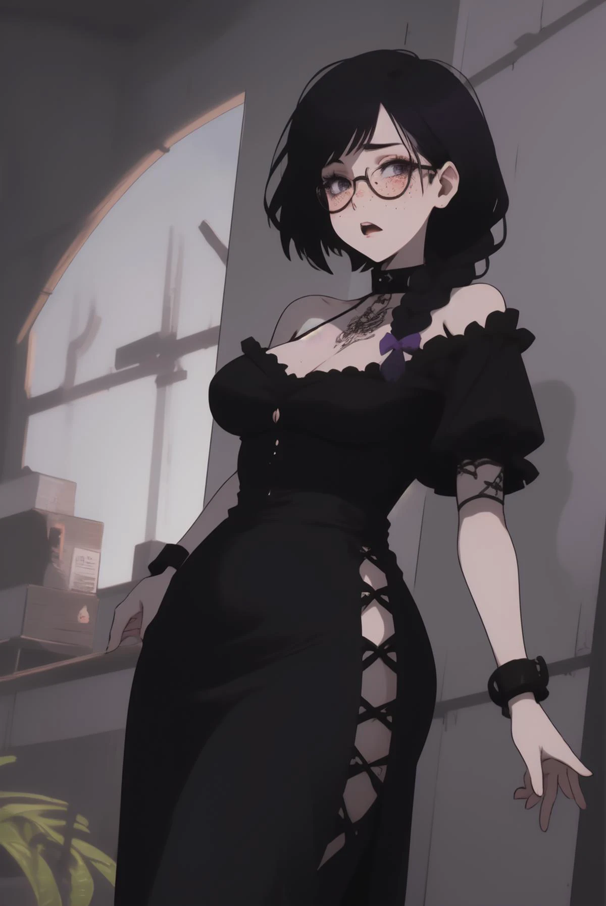 1girl, multicolor hair, purple hair, black hair, large braid, single braid, (freckles), large thick rimmed glasses, aggressive, raised eyebrow, punk, goth, strappy blouse, straps, layers, long skirt, small breasts, chubby, wide hips, blushing,