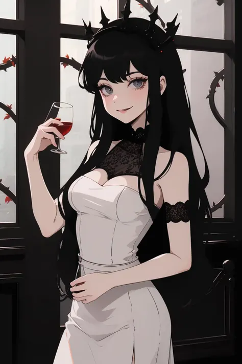 1girl, black hair, long hair, spike hair, messy hair, smile, closed mouth, medium breasts, holding, holding a glass of vine, crown, eyeliner, goth, standing, fall