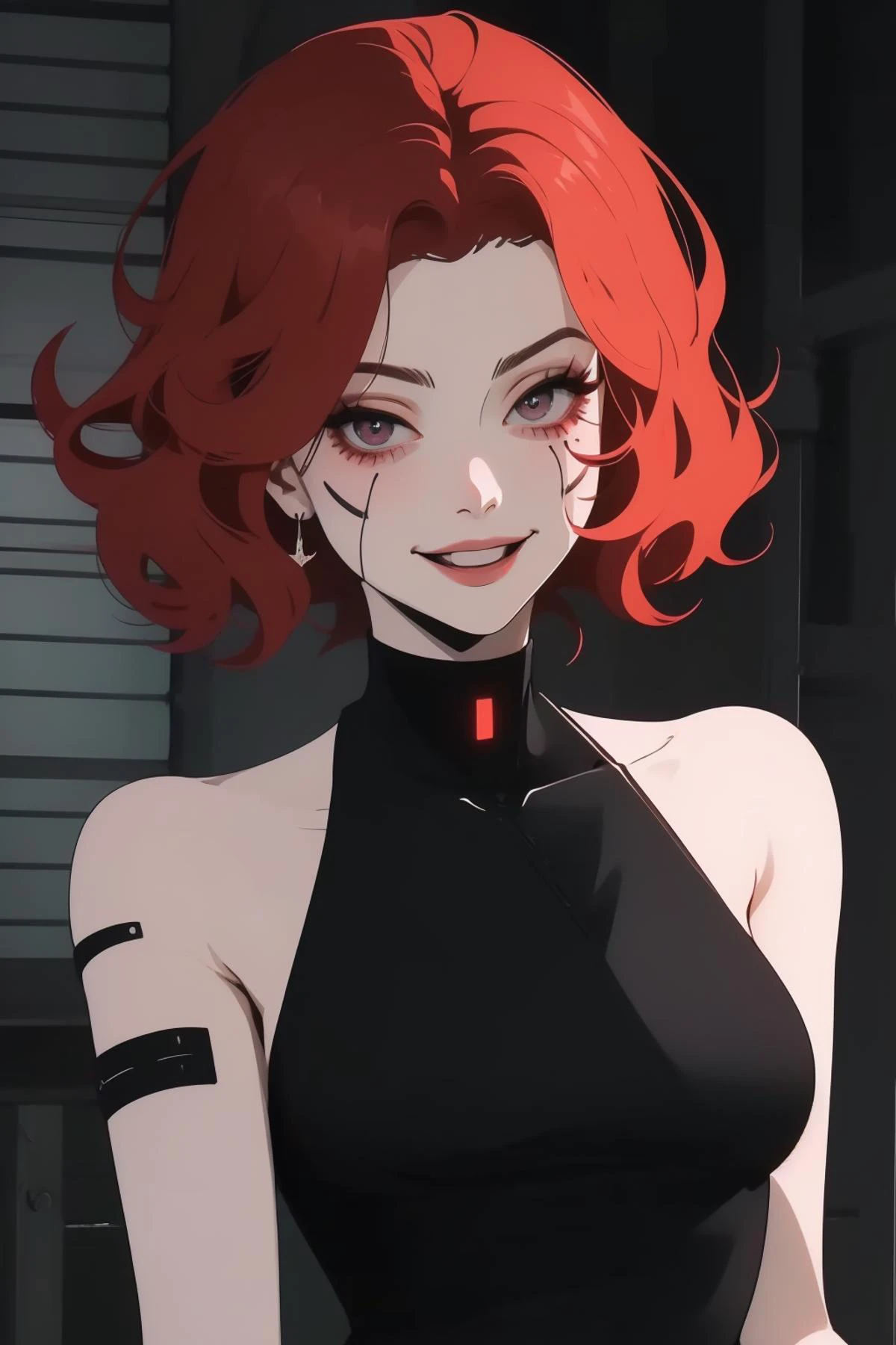 cyber_mark, facial mark, cyborg, 1girl, red hair, short hair, asymmetrical hair, smile, ((closed mouth)), pale skin, medium breasts, eyeliner, bare shoulders, farm, <lora:cyber_mark-07:0.8>