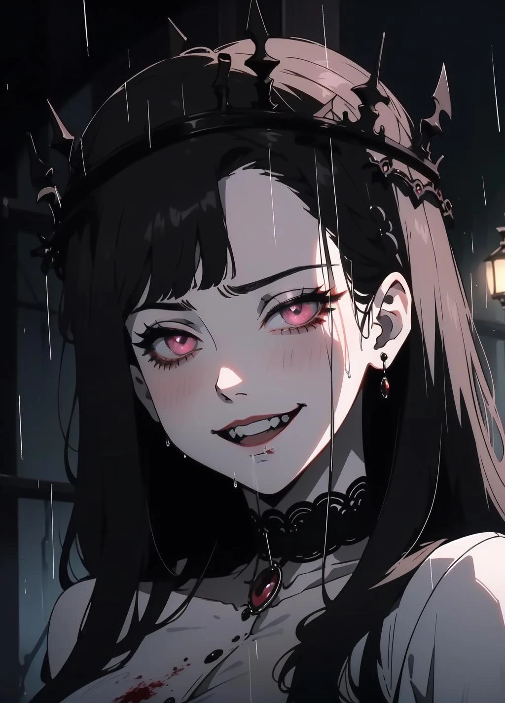 (outside, forrest, rainning, evening, soft light, dim lit, moody vibe), (insanely detailed, beautiful detailed face, masterpiece, best quality), succubus, demon girl, mature female, black hair, pink eyes, grin, smirk, black crown, crown braid, blood drooling from mouth, vampire fangs,