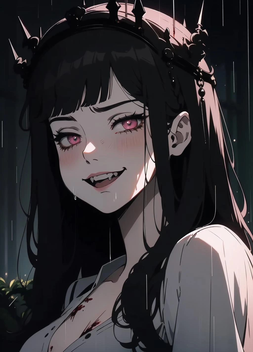 (outside, forrest, rainning, evening, soft light, dim lit, moody vibe), (insanely detailed, beautiful detailed face, masterpiece, best quality), succubus, demon girl, mature female, black hair, pink eyes, grin, smirk, black crown, crown braid, blood drool, vampire fangs,