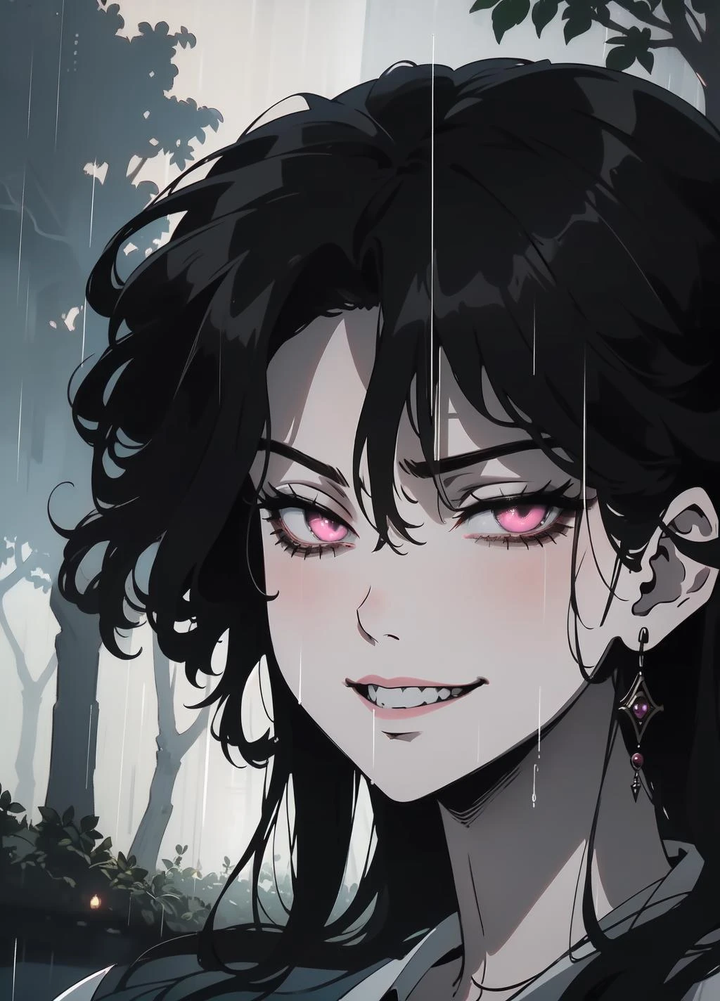 (outside, jungle, rainning, evening, soft light, dim lit, moody vibe), (insanely detailed, beautiful detailed face, masterpiece, best quality), succubus, demon girl, mature female, black hair, pink eyes, grin, smirk