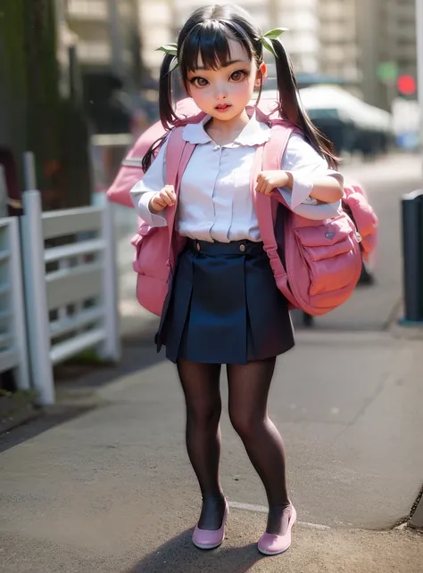 realistic full body photo of a  1girl, hachikuji mayoi, backpack, bag, twintails, (chibi:1.1),<lora:my_LoRA_hachikujiMayoi_v1:0.7> by Jeremy Lipking, by William Bouguereau, (by Alphonse Mucha:0.5)