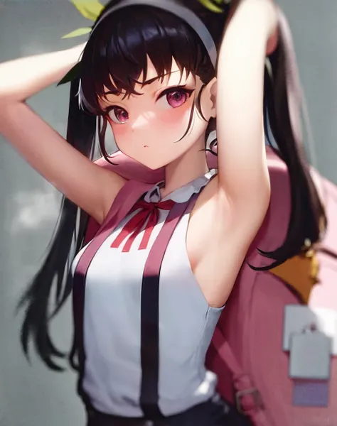 masterpiece, best quality, 1girl, hachikuji mayoi, backpack, bag, twintails,  , steam, steaming body, armpits,  <lora:my_LoRA_hachikujiMayoi_v1:0.7> , steam, steaming body, armpits,  by Jeremy Lipking, by William Bouguereau, (by Alphonse Mucha:0.5),