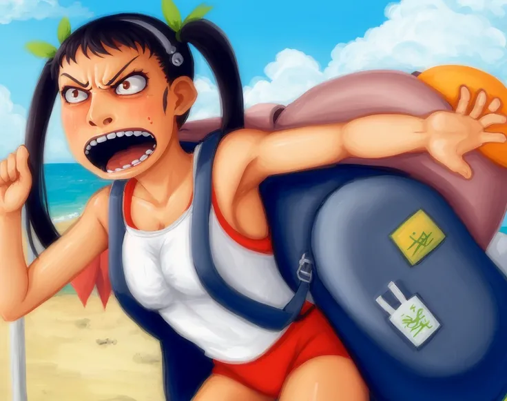 beautiful, masterpiece, best quality,  1girl, hachikuji mayoi, backpack, bag, twintails,  , steam, steaming body, armpits,  <lora:my_LoRA_hachikujiMayoi_v1:0.7>, activist, protest sign, demonstration, determined expression, social justice, angry, screaming, outdoors, crowded beach,  lozhkin, big smile, accurate teeth with gaps <lora:lozhkin_V1:0.6>