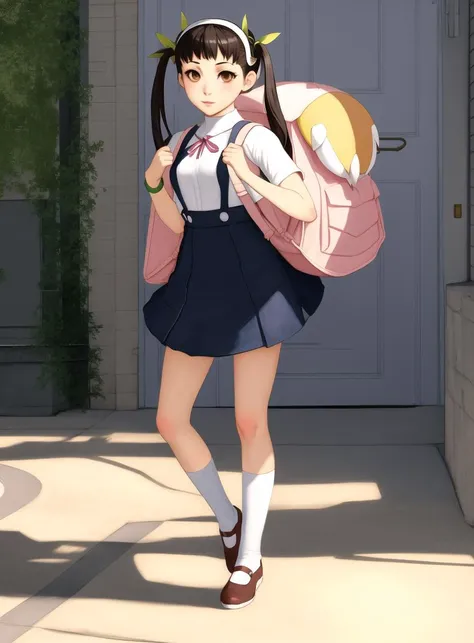 realistic full body photo of a  1girl, hachikuji mayoi, backpack, bag, twintails, (chibi:1.1), <lora:my_LoRA_hachikujiMayoi_v1:0.7>  by Jeremy Lipking, by William Bouguereau, (by Alphonse Mucha:0.5)