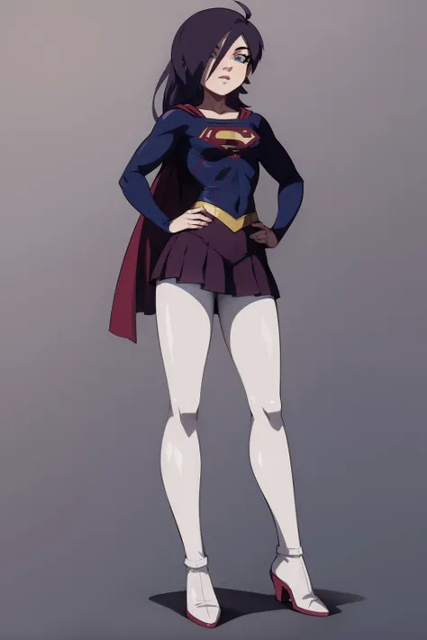 masterpiece, best quality, 1girl, zonetan, blue eyes, hair over one eye, purple long hair, supergirl outfit, superhero, full body, white pantyhose, solo, contrapposto, standing, solid gray background <lora:Supergirl:0.5> <lora:ZonetanV2:1>