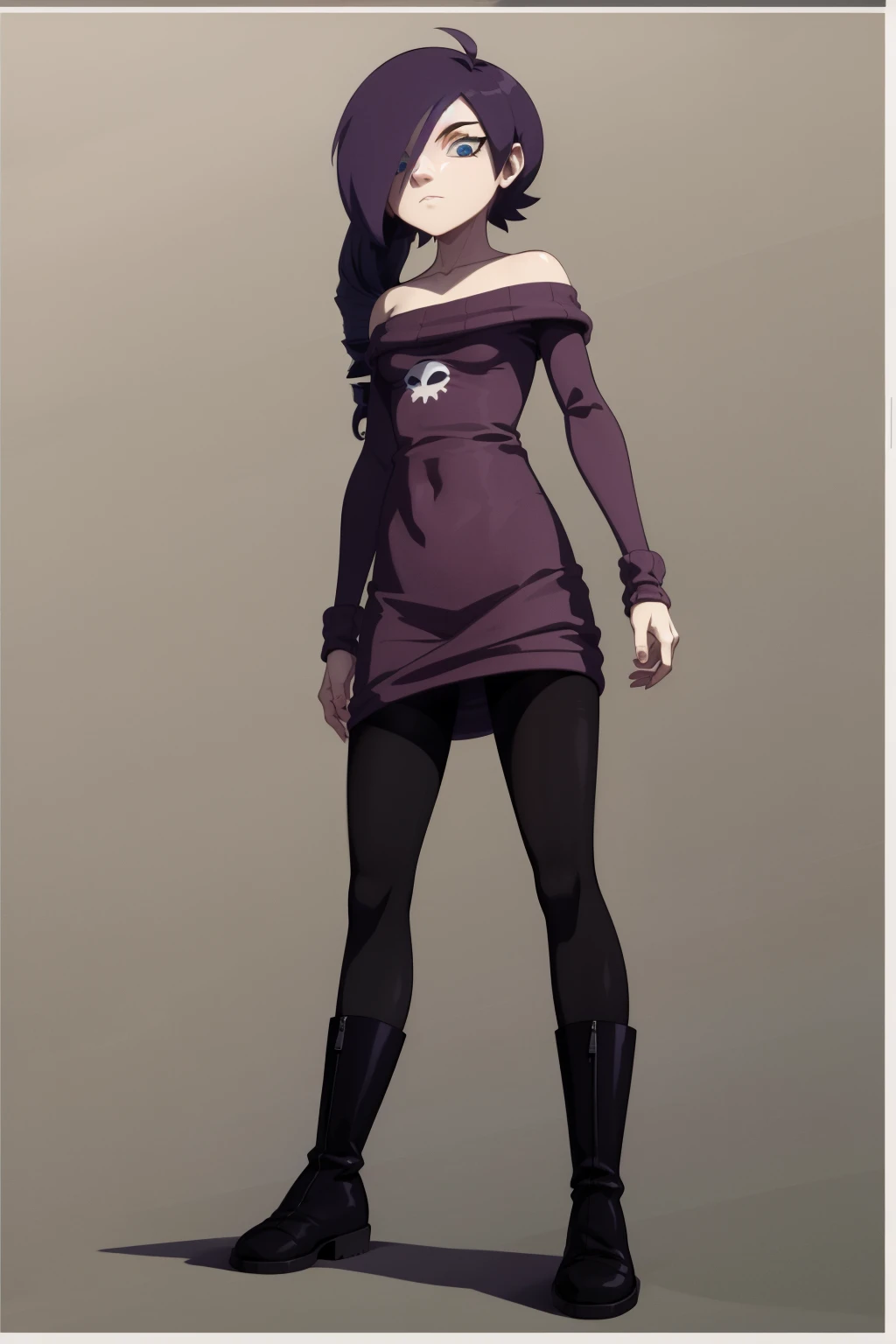 masterpiece, best quality, 1girl, zonetan, blue eyes, hair over one eye, drill hair, purple long hair, bare shoulders, boots, off-shoulder sweater dress, full body, pantyhose, solo, standing, simple background <lora:ZonetanV2:1>