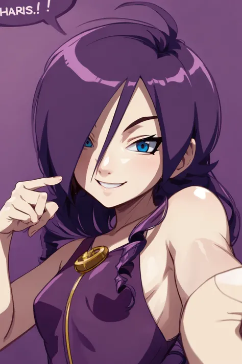 masterpiece, best quality, 1girl, zonetan, blue eyes, hair over one eye, drill hair, purple long hair, closeup, sketch, smile, simple background <lora:ZonetanV2:1>