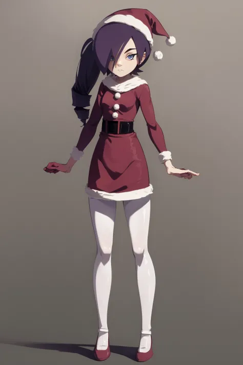 masterpiece, best quality, 1girl, zonetan, blue eyes, hair over one eye, drill hair, purple long hair, santa clause outfit, santa hat, full body, white pantyhose, solo, standing, simple background <lora:ZonetanV2:1>