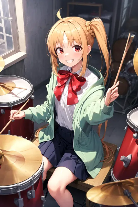 masterpiece, best quality, 1girl, indoors, ijichi nijika <lyco:Nijika-000010:1.0>, shirt, hooded jacket, bow, skirt, instrument, playing instrument, drum, drumsticks, drum set, holding, sitting, grin, looking at viewer