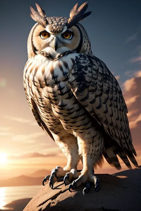 pencil drawing, dramatic volumetric lights, soft lighting, (a giant eagle owl), detailed feathers, intricate pattern, cliff, sunrise, wind, leaves, majestic, epic, art by Greg Rutkowski, looking at camera, close up, from waist, (best quality, high quality:1.2), (masterpiece:1.1), (detailed), photorealism, photorealistic, 8k, hdr, cinematic lighting, cinematic bloom, sharp focus, lens flare, ray tracing, reflections, sharp focus