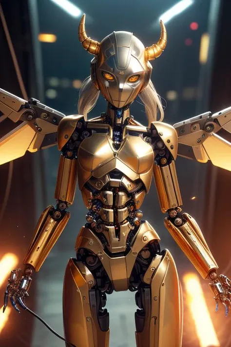 detailed face, beautiful face, (detailed eyes, deep eyes), (1girl), cowboy shot, ((android)), robot limbs, robot body, (gold_(material)), biomechanical, mechanization, (metallic skin:1.33), lights, LEDs, wires, cables, shiny skin, ball-joints, doll-like joints, (abs), (metallic hair:1.3), (horned helmet, covered face, mask, hidden face, covered mouth, white eyes, solid eyes, colored sclerae, (mechanical_wings:1.2), (thrusters:1.5), looking at camera, close up, from waist, (best quality, high quality:1.2), (masterpiece:1.1), (detailed), photorealism, photorealistic, 8k, hdr, cinematic lighting, cinematic bloom, sharp focus, lens flare, ray tracing, reflections, sharp focus