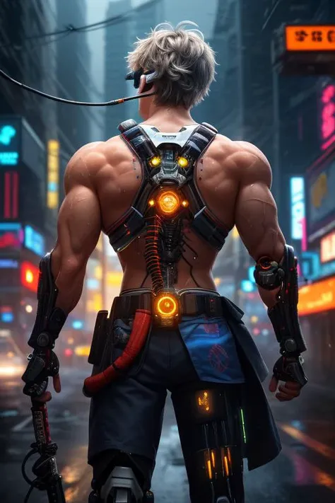 (1boy, male focus, muscular man:1.5), (technomage, wizard, cyberpunk:1.4), (short hair, silver hair, messy hair, cyborg goggles, mechanical arms, cyborg body, samurai clothes, wires, cables, metals:1.3), (casting lightning spells, radiant, iridescent, lightning spreads:1.2), (cyber city, neon lights, raining, soaking wet, hazy, night scene:1.1), (best quality, high quality:1), highly detailed, hires, intricate, masterpiece, 8k, hdr, cinematic lighting, cinematic bloom, reflections, lens flare, heavy shadows, rim lights, back lights, depth of field, bokeh, sharp focus, photorealism, photorealistic, dynamic pose, close up, from thighs, low key, artstation, deviantart, behance