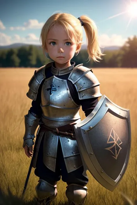 (medieval child knight heavy armor decorated with runes:1.3) (sword and shield in the hands:1.1), (blonde hair, top pony tail), standing in a tall field of grass, clear sky, looking at camera, close up, from waist, (best quality, high quality:1.2), (masterpiece:1.1), (detailed), photorealism, photorealistic, 8k, hdr, cinematic lighting, cinematic bloom, sharp focus, lens flare, ray tracing, reflections, sharp focus