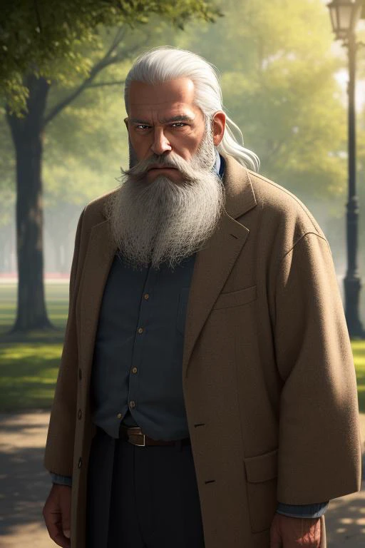 photo of a (men), old men,70 years old,very Long beard,grizzled beard,white hair, serious look ,standing at (park), portrait photo, looking at camera, (best quality, high quality:1.2), (masterpiece:1.1), (detailed), photorealism, photorealistic, 8k, hdr, cinematic lighting, cinematic bloom, sharp focus, lens flare, ray tracing, reflections, sharp focus