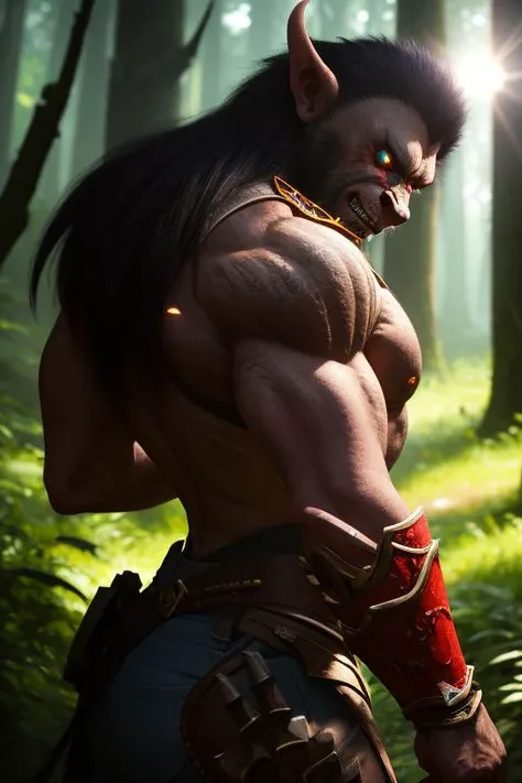 orc lord, heavy armor, rampaging, dark forest, chaos, destruction, (best quality, high quality:1), highly detailed, hires, intricate, masterpiece, 8k, hdr, cinematic lighting, cinematic bloom, reflections, lens flare, heavy shadows, rim lights, back lights, depth of field, bokeh, sharp focus, photorealism, photorealistic, dynamic pose, looking at viewer, close up, from thighs, low key, artstation, deviantart, behance