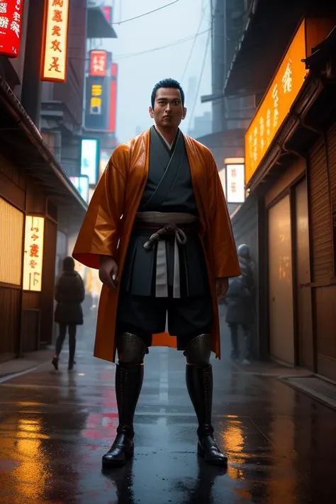 the most beautiful artwork in the world featuring a male samurai, (edo era:1.1), wearing multiple layers, (leather armor:1.1), urban tokyo futuristic look, neon lights, night, slow motion, reflections, orange raincoat, intricate detail, nostalgia, high boots, heart professional majestic oil painting by Ed Binkley, Atey Ghailan, Studio Ghibli, by Jeremy Mann, Gregory Manchess, Antonio Moro, trending on ArtStation, trending on CGSociety, Intricate, High Detail, Sharp focus, dramatic, photorealistic painting art by midjourney and greg rutkowski, looking at camera, from waist, (best quality, high quality:1.2), (masterpiece:1.1), (detailed), photorealism, photorealistic, 8k, hdr, cinematic lighting, cinematic bloom, sharp focus, lens flare, ray tracing, reflections, sharp focus