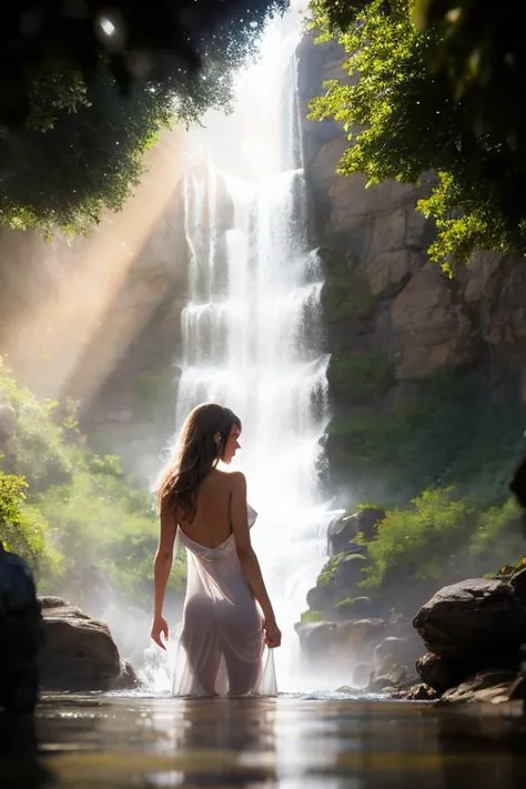 a greek nymph splashing in a waterfall 1500BCE. summer dress. from behind. sunbeams, reflection, refraction. sparkling water. f/1.8, ISO200, 50mm. bokeh, shallow depth of field.