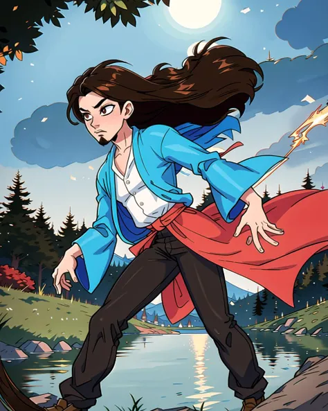 ((masterpiece), best quality, high quality, professional quality, highly detailed, highres, perfect lighting, natural lighting), (1boy, slender, handsome, goatee, medium length hair, brown hair), wearing wizard robes, running, by a lake