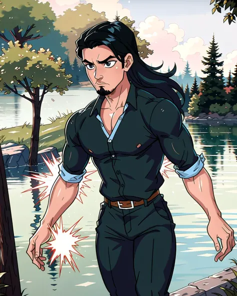 ((masterpiece), best quality, high quality, professional quality, highly detailed, highres, perfect lighting, natural lighting), (1boy, muscular, handsome, goatee, long hair, black hair), wearing fantasy clothing, running, by a lake