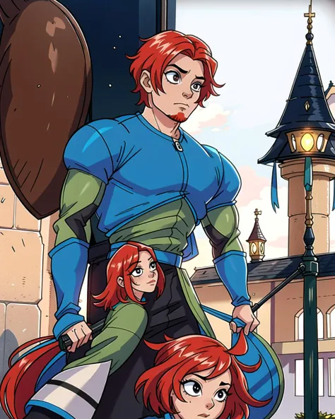 ((masterpiece), best quality, high quality, professional quality, highly detailed, highres, perfect lighting, natural lighting), (1boy, overweight, handsome, no facial hair, short hair, red hair), wearing armor, riding a horse, in a castle