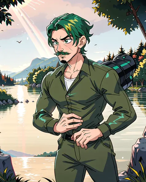 ((masterpiece), best quality, high quality, professional quality, highly detailed, highres, perfect lighting, natural lighting), (1boy, slender, handsome, mustache, short hair, green hair), wearing armor, running, by a lake