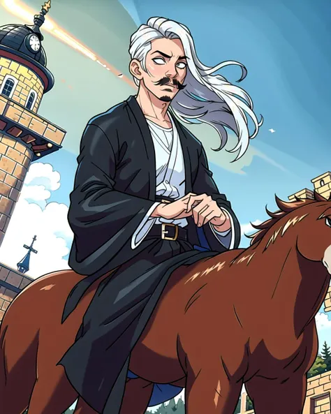 ((masterpiece), best quality, high quality, professional quality, highly detailed, highres, perfect lighting, natural lighting), (1boy, slender, handsome, mustache, long hair, white hair), wearing wizard robes, riding a horse, in a castle