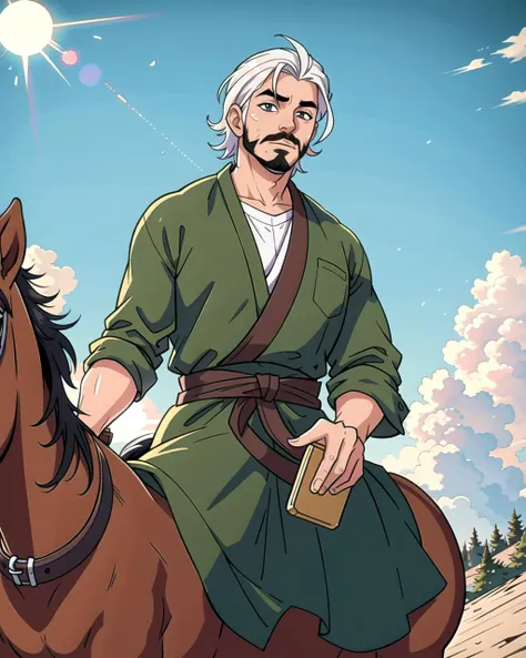 ((masterpiece), best quality, high quality, professional quality, highly detailed, highres, perfect lighting, natural lighting), (1boy, overweight, handsome, facial hair, short hair, white hair), wearing wizard robes, riding a horse, outdoors