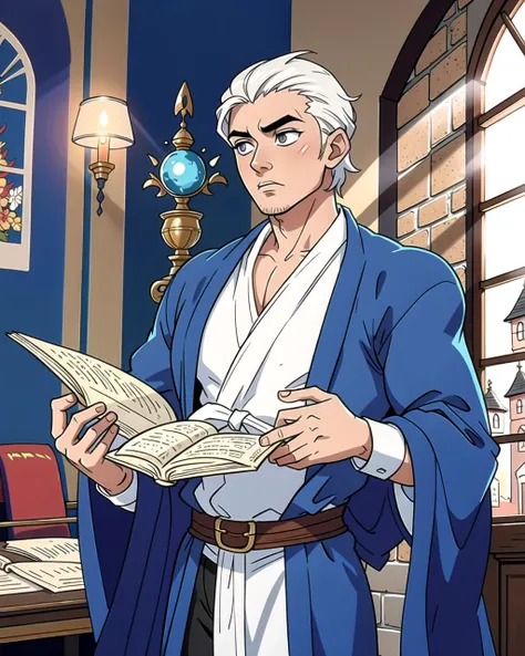 ((masterpiece), best quality, high quality, professional quality, highly detailed, highres, perfect lighting, natural lighting), (1boy, muscular, handsome, no facial hair, short hair, white hair), wearing wizard robes, casting a spell, in a castle