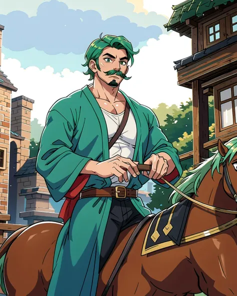 ((masterpiece), best quality, high quality, professional quality, highly detailed, highres, perfect lighting, natural lighting), (1boy, muscular, handsome, mustache, short hair, green hair), wearing wizard robes, riding a horse, in a fantasy town