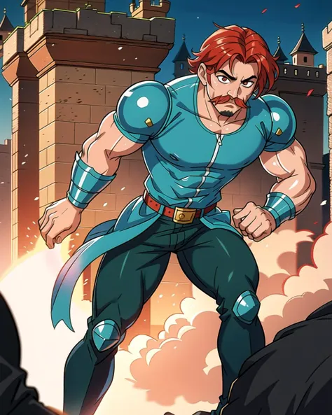 ((masterpiece), best quality, high quality, professional quality, highly detailed, highres, perfect lighting, natural lighting), (1boy, muscular, handsome, mustache, short hair, red hair), wearing armor, running, in a castle